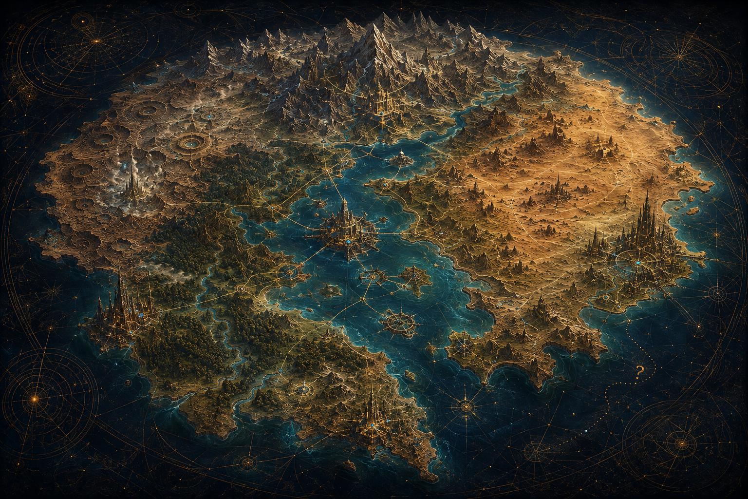 Mapa ilustrado de los continentes, mares y ciudades de Ki.