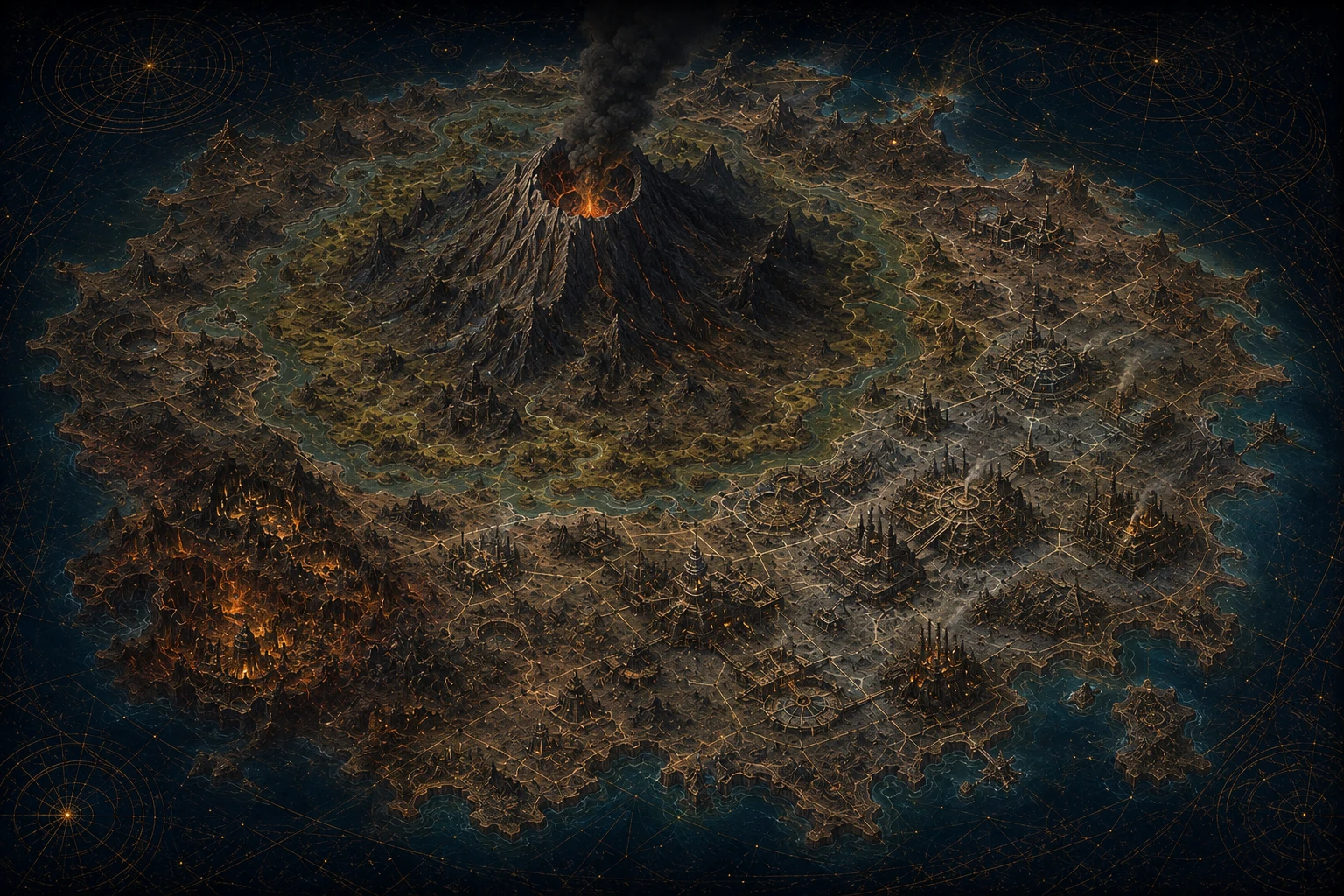 Cartografía del hemisferio Ereshkigal, dominado por el volcán Risk.